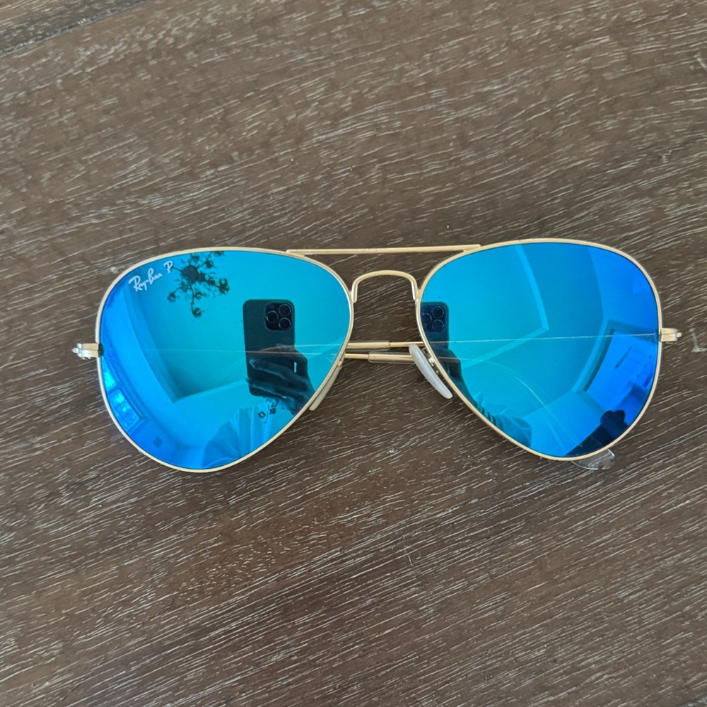 Ray-Ban Gold Frame Sunglasses with Reflective Blue Lenses